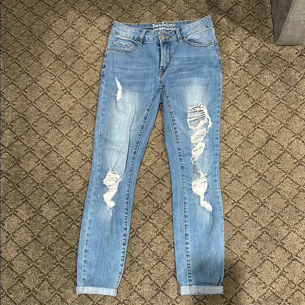 Blue Ankle Cropped Distressed Jeans with Rolled Hem